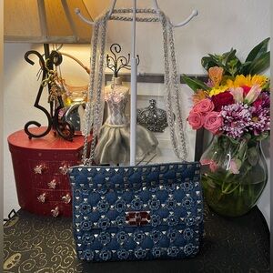 INZI Studded Denim Floral Shoulder Crossbody Hand Bag - Rock Stud Like